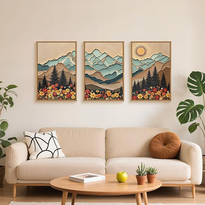Large Wood Grain Mountain Framed Canvas Wall Art Set,Vintage Sunrise Forest Floral Wall Decor,Rustic Boho Natural Wilderness Art Printing for Living Room,Bedroom,Office-16 x24 x3
