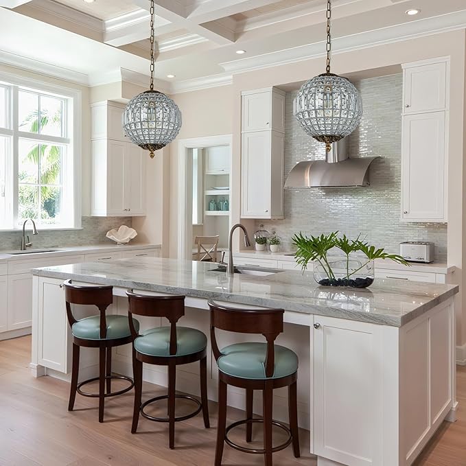 Antique Crystal Globe Chandelier, 11.8" Vintage Small Sphere Chandelier Crystal Pendant Light Fixture for Foyer Dining Room Kitchen Island Bronze