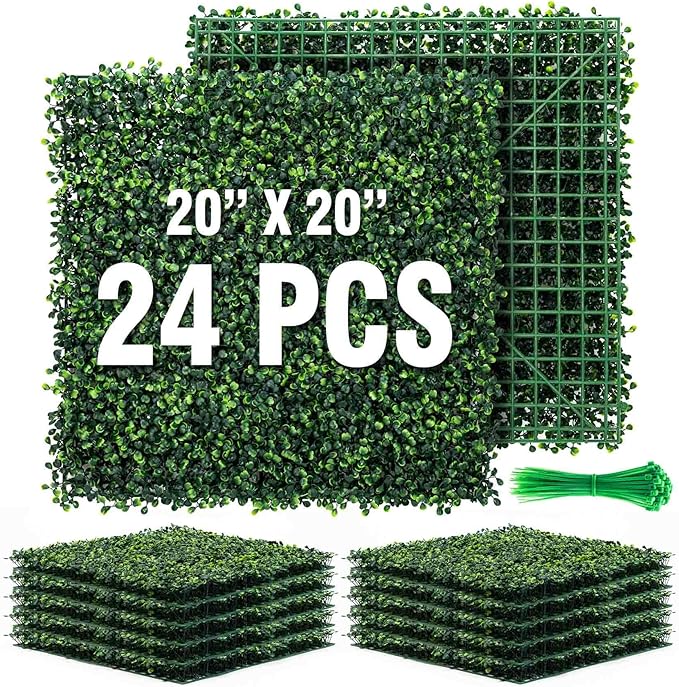 KASZOO Grass Wall 24 Pack 20"x20" Artificial Boxwood Hedge Wall Panels, Privacy Hedge Screen Faux Boxwood for Outdoor,Indoor,Garden,Fence,Backyard,Greenery Walls