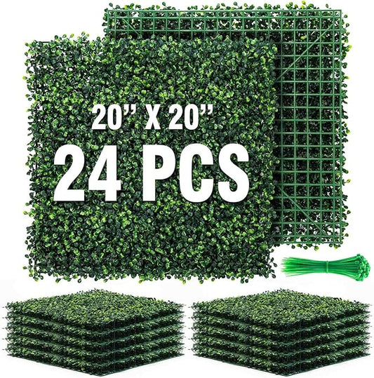 KASZOO Grass Wall 24 Pack 20"x20" Artificial Boxwood Hedge Wall Panels, Privacy Hedge Screen Faux Boxwood for Outdoor,Indoor,Garden,Fence,Backyard,Greenery Walls