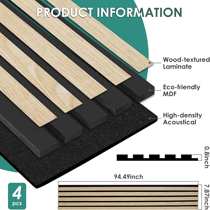 4-Piece Wood Slat Acoustic Panels for Stylish Interior Decor & Noise Reduction - 94.5" x 7.87" 3D Solid Wood Wall Panels for Ceiling and Wall, Covers 20.66 Sq Ft, White Oak