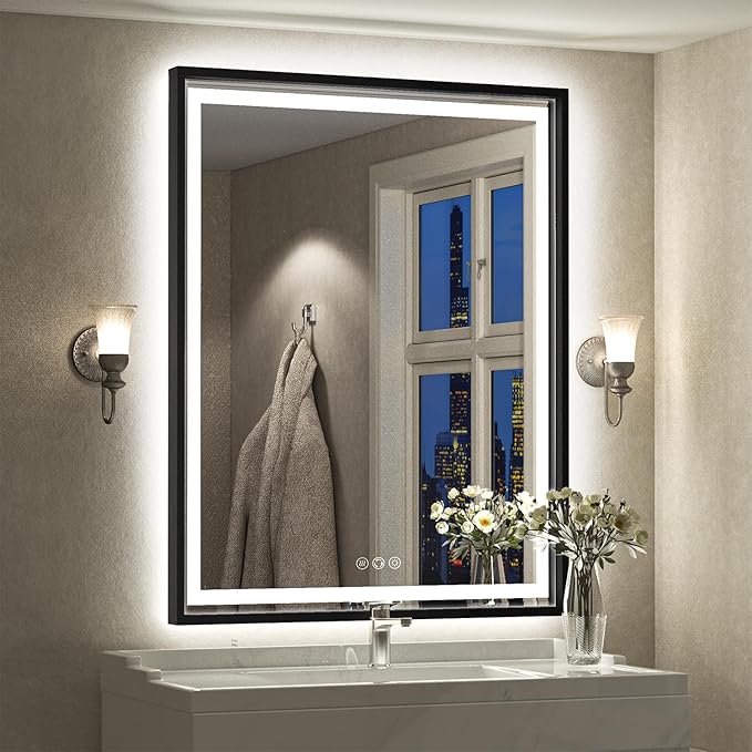 28X36 Inch Framed LED Lighted Bathroom Mirror,Backlit and Front Wall Mounted Black Metal Vanity Mirrors with Lights,Double LED Dimmable Illuminated & 3 Colors Temperature Anti-Fog Mirror