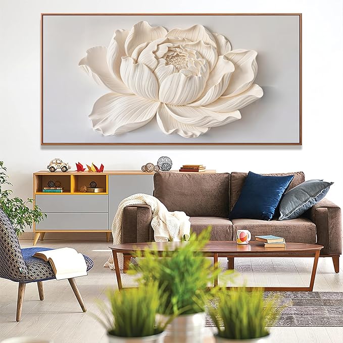 Large Canvas Wall Art Decor Pictures White Flower Wall Art Decoration Artwork Wall Art For Living Room Modern Painting Pictures For Bedroom Home Kitchen Office 29" X 58" With Framed