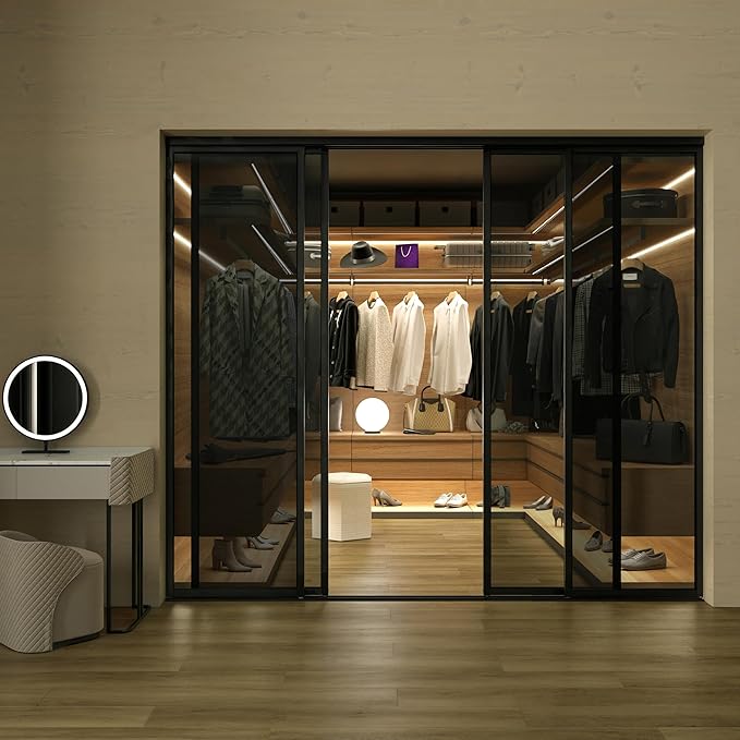 4 Panel Glass Room Divider and Sliding Glass Closet Doors - Smoked Frosted Partition Wall - Clear, Smoked and Frosted Glass Sliding Doors Options (Lite Smoked Glass, 96x80)