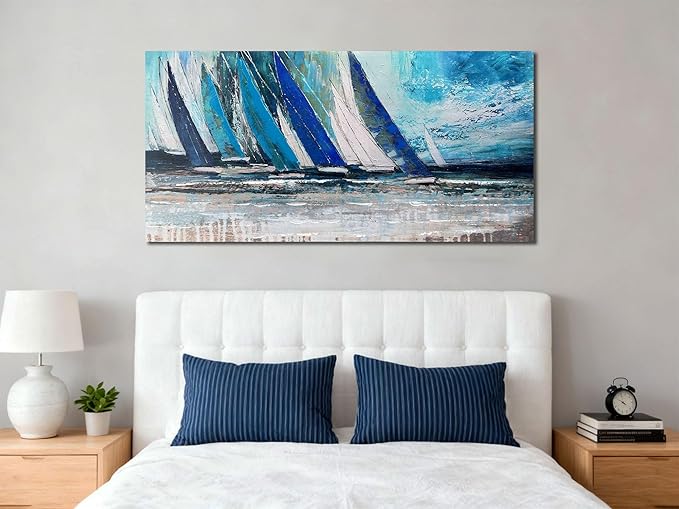 Arjun Blue Abstract Wall Art Canvas for Living Room Teal Ocean Sailboat Textured Bedroom Picture Modern Turquoise Coastal Nautical Painting Large Framed Artwork Home Office Wall Decor, 48"x24"
