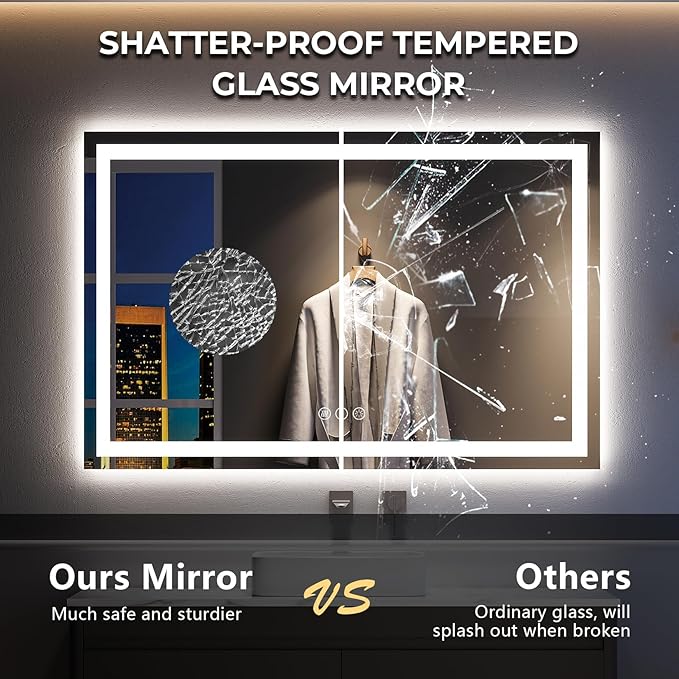 55x30 Inch LED Bathroom Mirror with Lights Front and Backlit Lighted Vanity Mirror for Bathroom Wall with 3 Colors Dimmable Anti-Fog Memory Shatter-Proof IP54 Waterproof Horizontal/Vertical