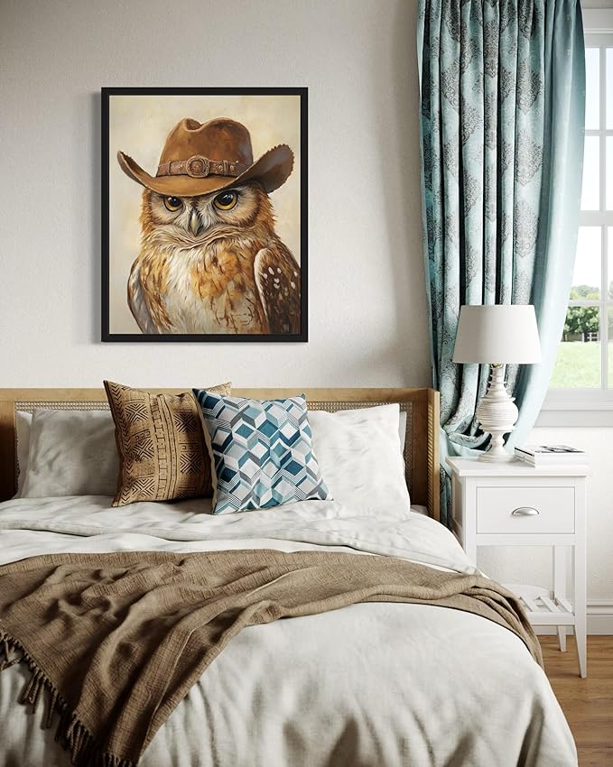 Owl Cowboy Art Print Poster Wall Art, Western Country Farmhouse Wild West for Bedroom, Bathroom, Living Room Art Decor 58 (Owl, 11 x 14 inches, Unframed)