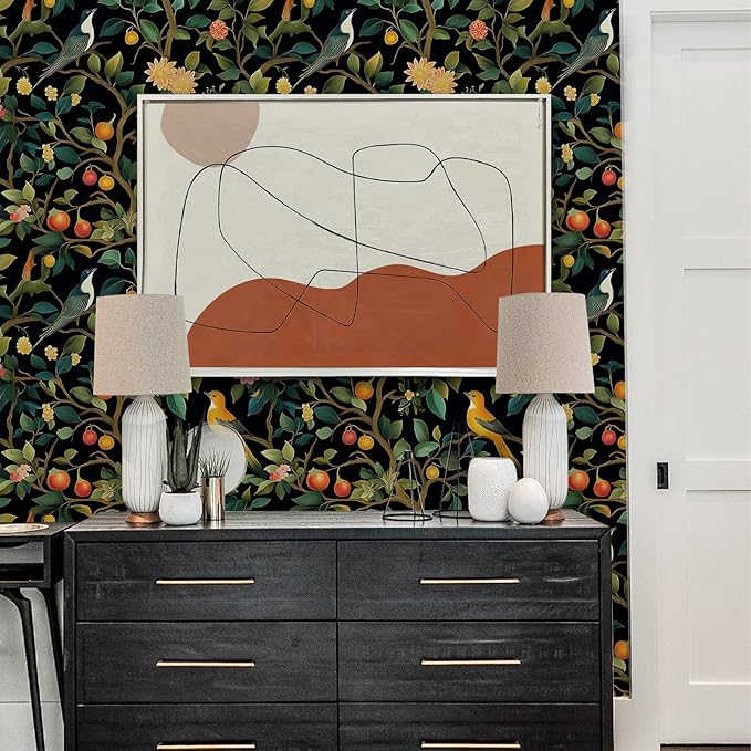 Colorful Floral Animal Wallpaper Self Adhesive Peel and Stick Black Watercolor Vivid Botanical Bird Fruit Leaf Contact Paper Removable Waterproof for Bedroom Renter Friendly 17.71"x236.2"
