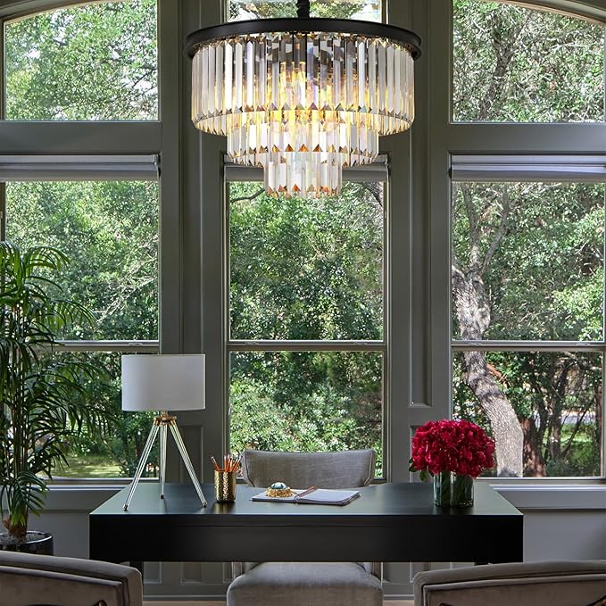 Modern Black Crystal Chandelier,3-Tier Round Pendant Ceiling Fixture with Height Adjustable Luxury Hanging Chandelier for Dining Room,Living Room,Entryway,Bedroom,Kitchen,and Foyer (Black Crystal-3)