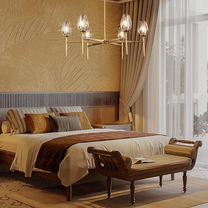 Modern Gold Round Chandelier Light Fixture, K9 Crystal Chandeliers for Dining Room, Living Room, 42in Dining Room Chandeliers Over Table, Chandelier for Bedroom, Foyer, Includes 6XG4 Bulbs