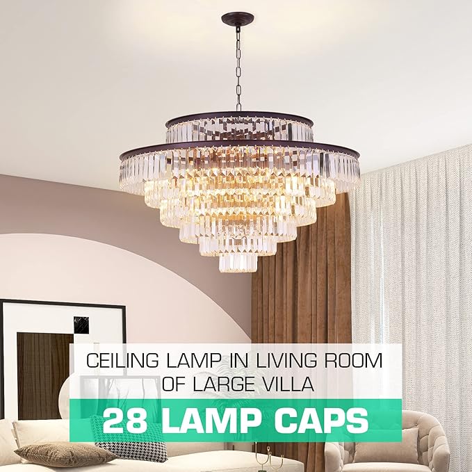 39" Large Modern Oil Brown Crystal Chandelier, 7-Tier Luxury Ceiling Light with Clear Crystal Prisms, Oversized Round Pendant Lighting for Dining Room Dining Room Living Room Foyer