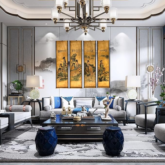 CIFIBIFUN Wall Japanese Geisha Tiger Art Prints Posters Painting Japan Traditional Vintage Style,4 Panels Home Walls Decor (Super Old Aging Paper, A Japan Painting)