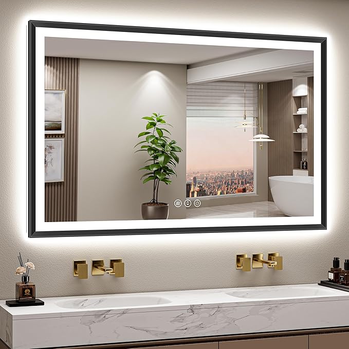 60x40 Black Framed Led Bathroom Mirror with Lights, Front Lit and Backlit, Lighted Vanity Mirror for Bathroom Wall, Anti-Fog, Dimmable, 3 Colors, Memory, HD Tempered Glass