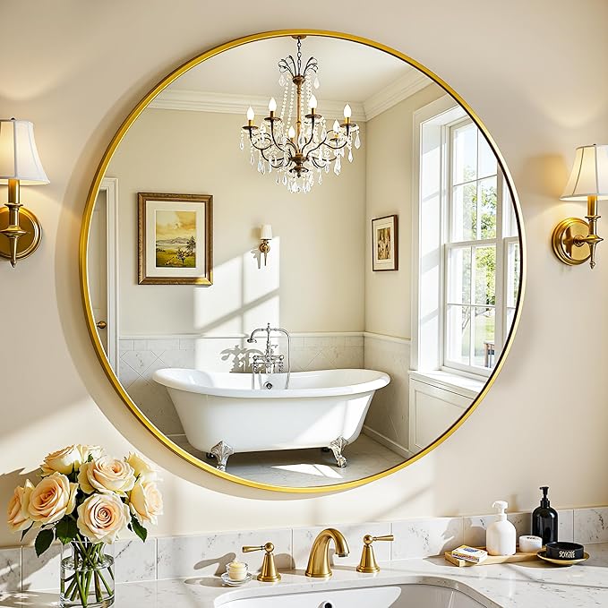 Antok Wall Mirror, 20"x20" Bathroom Vanity Mirror, Anti-Rust HD Tempered Glass, Wall Mounted Mirrors for Living Room, Entryway, Gold Frame, Round