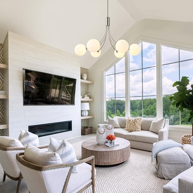 6-Light Brushed Nickel Chandelier, Modern Dining Room Light Fixture Hanging, Sputnik Chandelier for Living Room Kitchen Island Bedroom Entryway, Milk White Globe Glass Shade