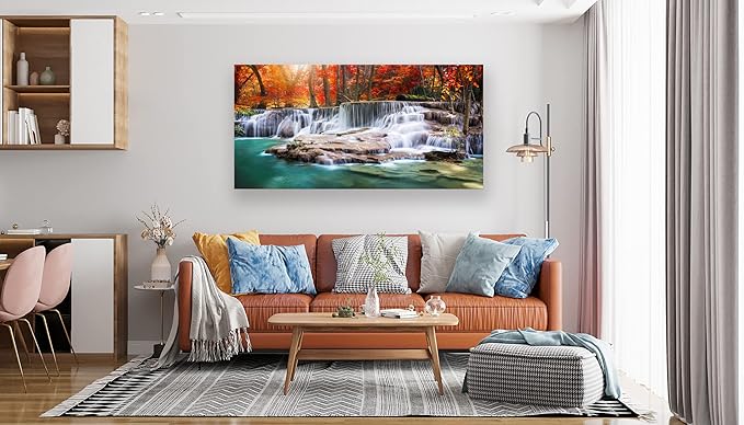 Aibonnly Wall Art Canvas Painting Red Forest Waterfalls 1 Piece Modern Landscape Tree Picture Poster Print Framed and Stretched Ready to Hang for Living Room Bedroom Kitchen Office Home Decor