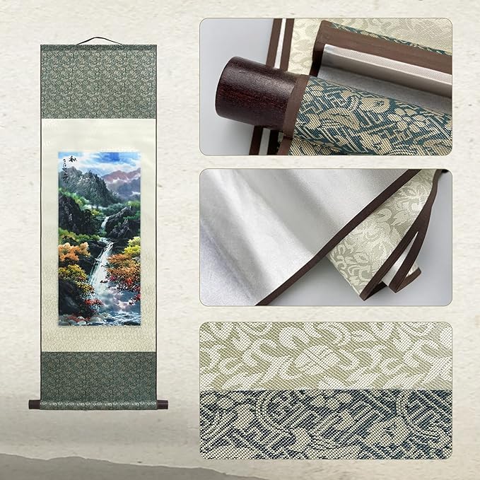 AtfArt Asian Wall Decor - Beautiful Silk Scroll Painting of Four Seasons Landscape (Autumn) - Oriental Decor - Chinese Art Wall Scroll - 36.2 x 12in