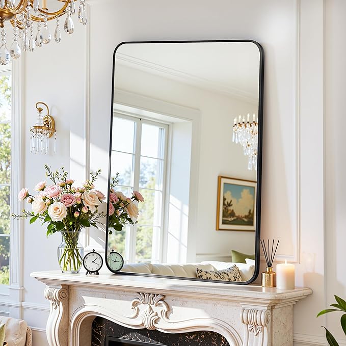 Antok Wall Mirror, 24"x36" Bathroom Vanity Mirror, Anti-Rust HD Tempered Glass, Wall Mounted Mirrors for Living Room, Entryway, Black Frame, Rect