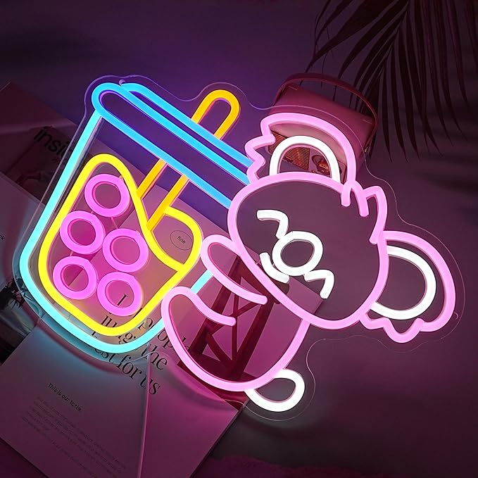 LISIGNVE Koala Bubble Tea Neon Sign for Wall Decor Cute Bear Led Signs Animal Koala Neon Light Boba Milk Tea Light Up Sign for Bubble Store Coffee Bar Dessert Shop Kids Room(16.5”*12.6”)