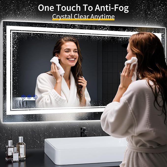 42"x24" LED Bathroom Mirror with Anti-Fog, Stepless Dimmable Lights, 3 Color Modes, Shatter-Proof Tempered Glass, Memory Function & Waterproof Design