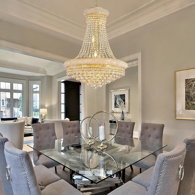 11-Light Empire Crystal Chandelier Light Fixture, Modern Crystal Chandeliers Empire Style K9 Chandeliers Gold Finish Luxury Chandelier for Living Dining Room Bedroom Stairway Foyer Hallway D24"