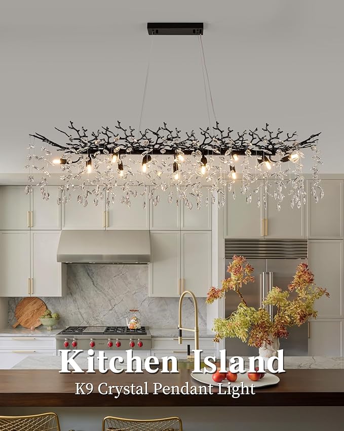 Modern Tree Branch Chandelier for Dining Room, 16 Lights Rectangular 59" Crystal Black Chandeliers for Kitchen Island Dining Room Living Room