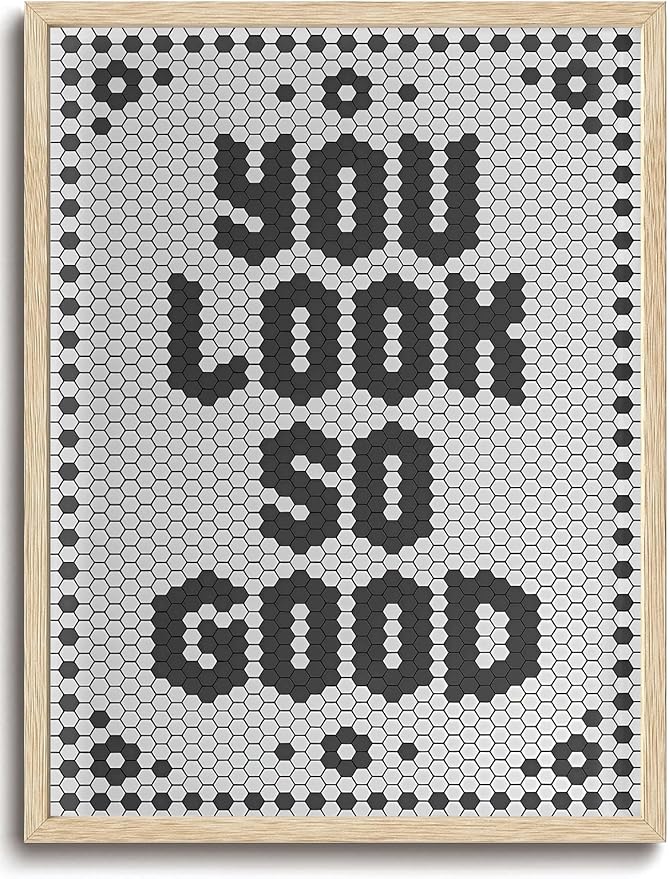 KISSFOX Western You Look So Good OAK Wood Framed Wall Art Farmhouse Geometric Typography Canvas Art Prints Rustic Hexagon Pictures Wall Decor Southwestern Artwork For Bistro Bathroom Bedroom Kitchen