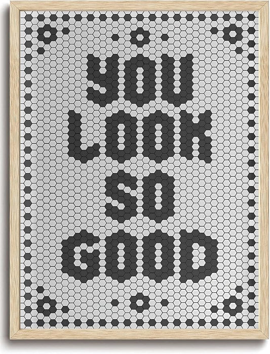 KISSFOX Western You Look So Good OAK Wood Framed Wall Art Farmhouse Geometric Typography Canvas Art Prints Rustic Hexagon Pictures Wall Decor Southwestern Artwork For Bistro Bathroom Bedroom Kitchen