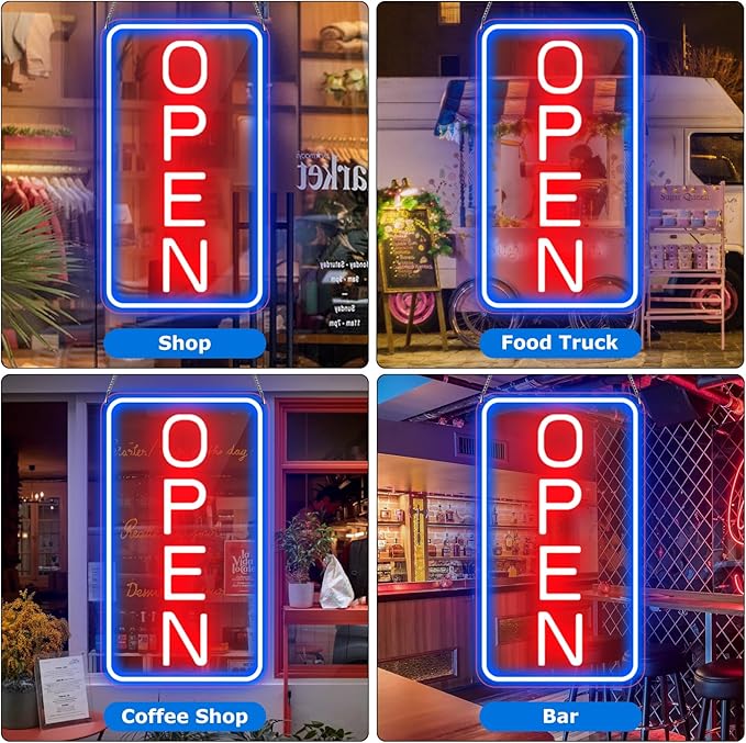 22.8"x 11.8" Ultra Bright 12V Neon Open Sign for Business, LED Open Neon Sign, Electric Light up Signs for Stores, Restaurants Offices Retail Shops Window (Blue-Red-Vertical)