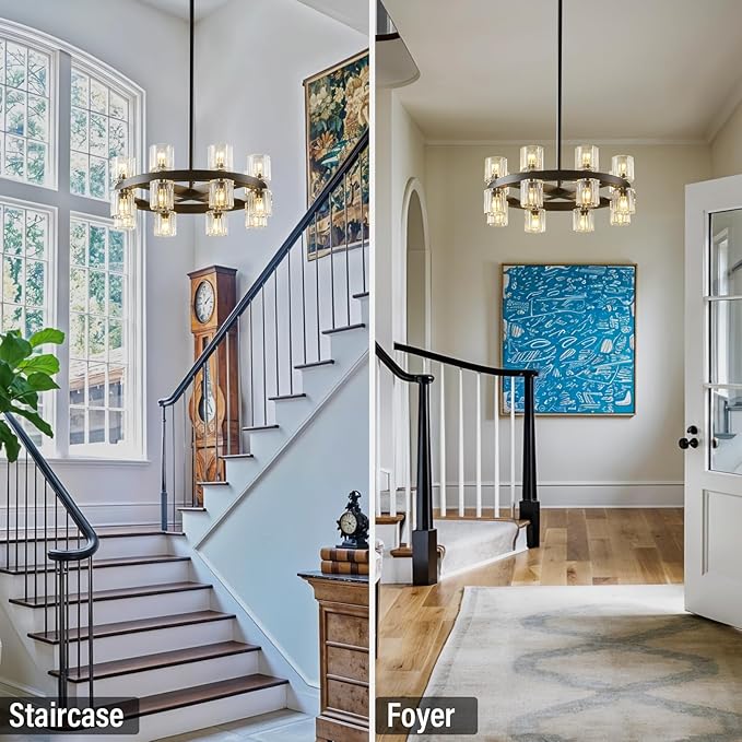 Black Wagon Wheel Chandelier, 18" Modern Farmhouse Chandelier, 16-Light Chandelier for Living Room, K9 Crystal Chandeliers for Dining Room (Bulbs Included)