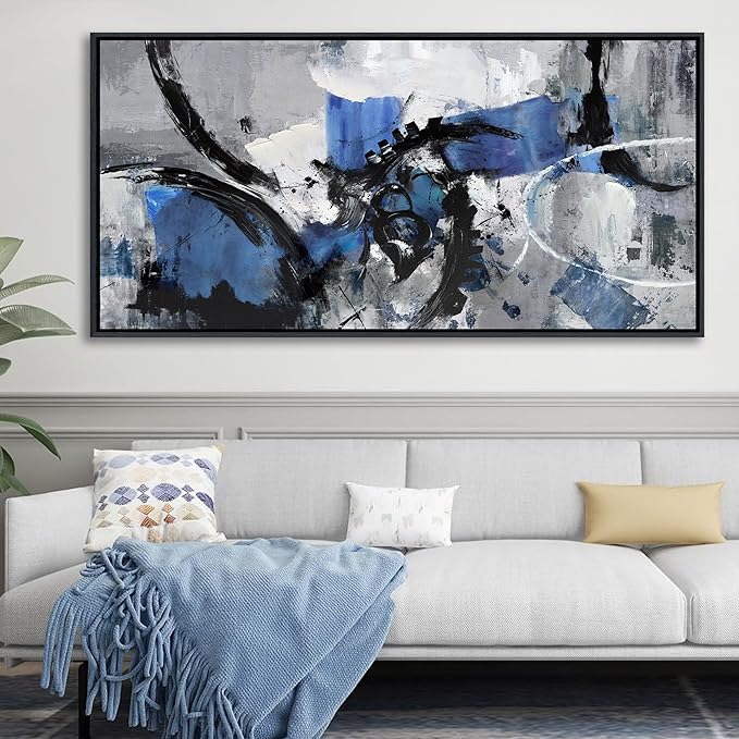 Blue Abstract Wall Art - Large Canvas Wall Art in Navy Blue and Black, Framed Gray Artwork for Living Room, Bedroom, and Office Decorations for Work - Modern Wall Decor and Pictures 30×60IN