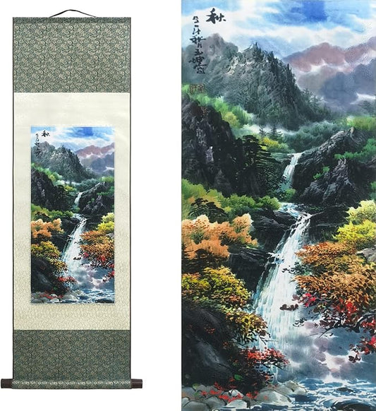 AtfArt Asian Wall Decor - Beautiful Silk Scroll Painting of Four Seasons Landscape (Autumn) - Oriental Decor - Chinese Art Wall Scroll - 36.2 x 12in