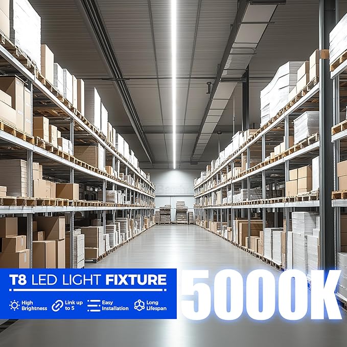 Barrina T8 LED Shop Light, 6FT 60W 8500LM 5000K, Clear Cover Linkable Garage Lights, V-Shape LED Light Fixture, Shop Lights for Garage, Warehouse, Workshop, Basement, ETL Listed, 6 Packs