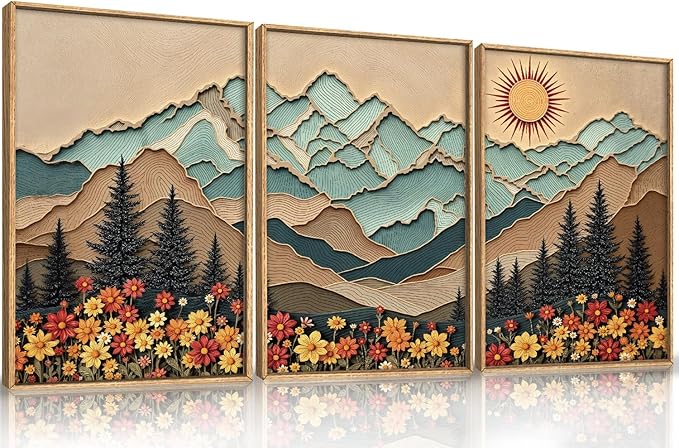 Large Wood Grain Mountain Framed Canvas Wall Art Set,Vintage Sunrise Forest Floral Wall Decor,Rustic Boho Natural Wilderness Art Printing for Living Room,Bedroom,Office-16 x24 x3