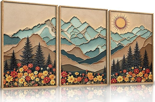 Large Wood Grain Mountain Framed Canvas Wall Art Set,Vintage Sunrise Forest Floral Wall Decor,Rustic Boho Natural Wilderness Art Printing for Living Room,Bedroom,Office-24 x36 x3