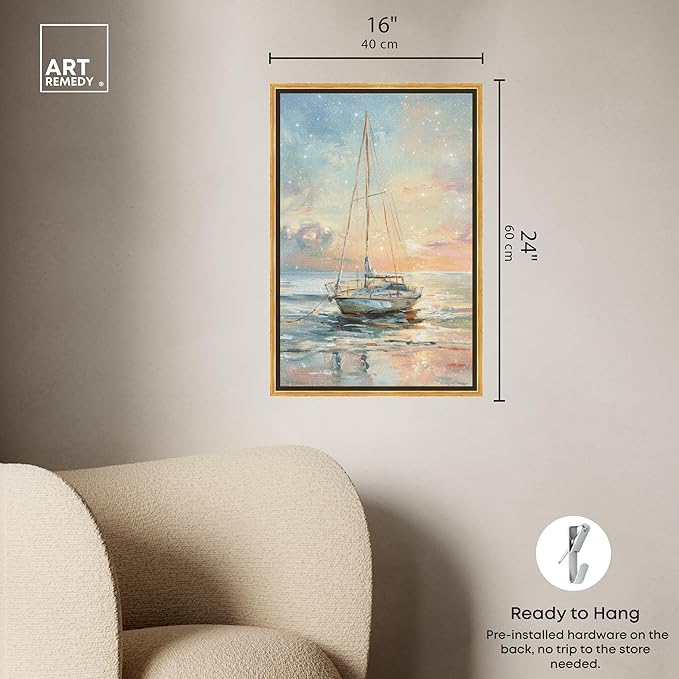 Art Remedy Boat On The Shore Framed Sailing 1 Piece Canvas Wall Art, 17.5" x 25.5", Gold Frame