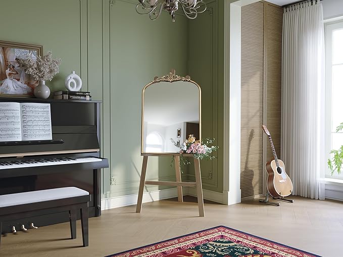 Arched Antique Gold Mirror, 28"x36" Vintage Bathroom Vanity Mirror, Ornate Arched Brass Wall Mirror for Over Sink/Fireplace/Entryway