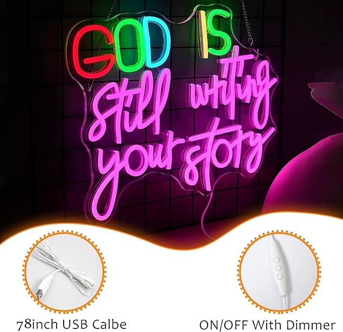 LISIGNVE God Is Still Writing Your Story Neon Sign USB Powered Christian Neon Light Sign Wall Decor Dimmable LED God Neon Light for Church Bedroom Wedding Birthday Party Neon Sign(16.5”*12.6”)