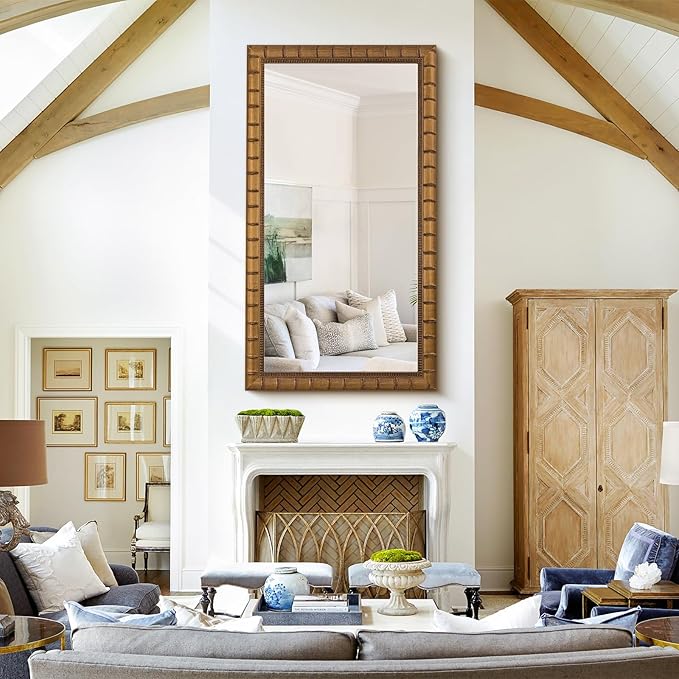 Large Vintage Decorative Mirror for Wall, 53'' x 29'' Antiuqe Warm Gold Living Room Mirrors with Bamboo-Joint Frame, Classic Vintage Gold Wooden Mirror, Horizontal/Vertical