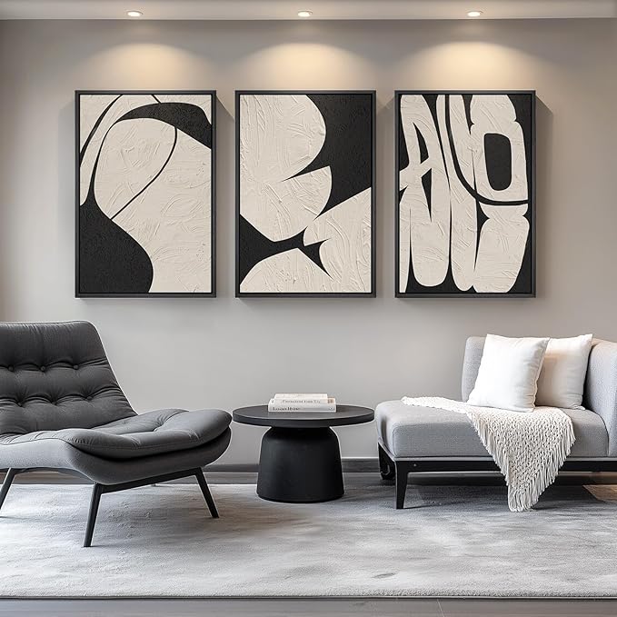 Large Framed Neutral Abstract Wall Art for Living Room, 3 Piece Black and Beige Modern Canvas Prints Paintings Artwork for Walls, Minimalist Abstract Pictures for Hallway, Office Wall Decor 24x36 In
