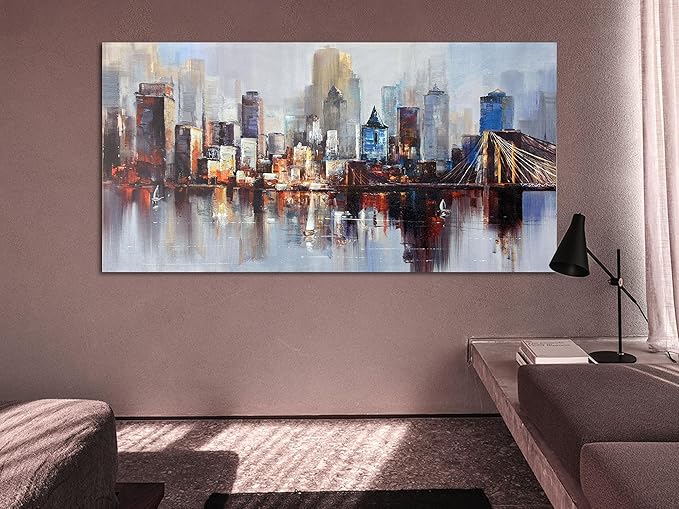 Arjun Brooklyn Bridge Wall Art for Living Room, Modern New York City Abstract Cityscape Canvas Painting, NYC Skyline Textured Picture Bedroom Artwork Home Office Wall Decor Extra Large Framed 58"x29"
