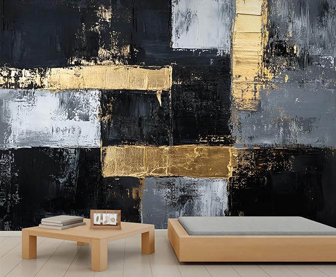 Black White Graffiti Mural Wallpaper, Gold Stripes Murals, Modern Fashion Art Murals, Wallpaper for Living Room Bedroom Boy Girl Room Home Decor Mural (Not Peel Stick)