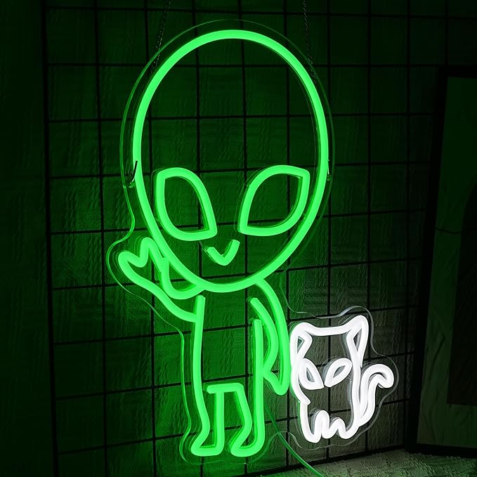 Alien Cat Neon Sign Dimmable Weird Alien Neon Light Wall Decor 5V USB Powered Cute Cat LED Light Sign for Bedroom Living Room Game Room Man Cave Bar Party Cafe Boys Girls Gift(16.5 * 12.6In)