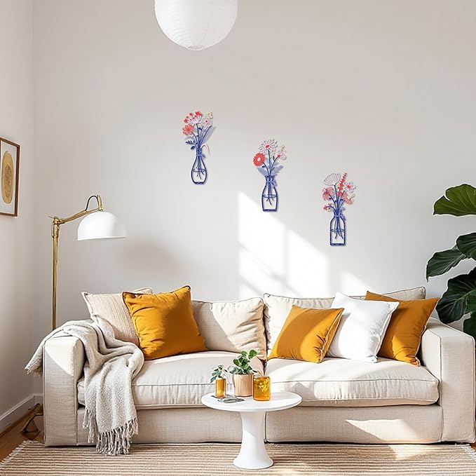 3 Pieces Metal Flowers Wall Art Decor, Farmhouse Minimalist Bathroom Wall Decors Sculptures for Living Room Dining Room Bedroom Housewarming Gifts