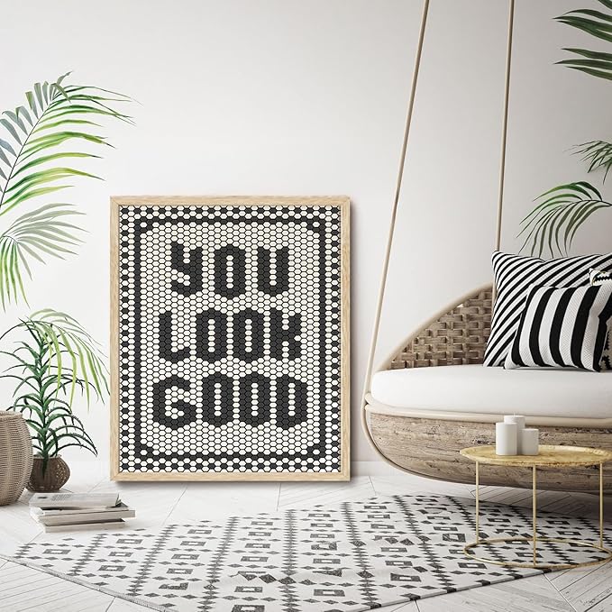 KISSFOX Western You Look So Good OAK Wood Framed Wall Art Farmhouse Geometric Typography Canvas Art Prints Rustic Hexagon Pictures Wall Decor Southwestern Artwork For Bistro Bathroom Bedroom Kitchen