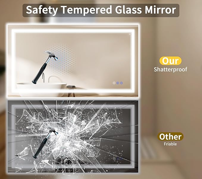 36"x55" LED Bathroom Mirror with Lights, Anti-Fog, Backlit + Front Lit, Dimmable, Led Vanity Mirror for Wall, Lighted Bathroom Mirror, 3 Colors, Shatter-Proof Tempered Glass