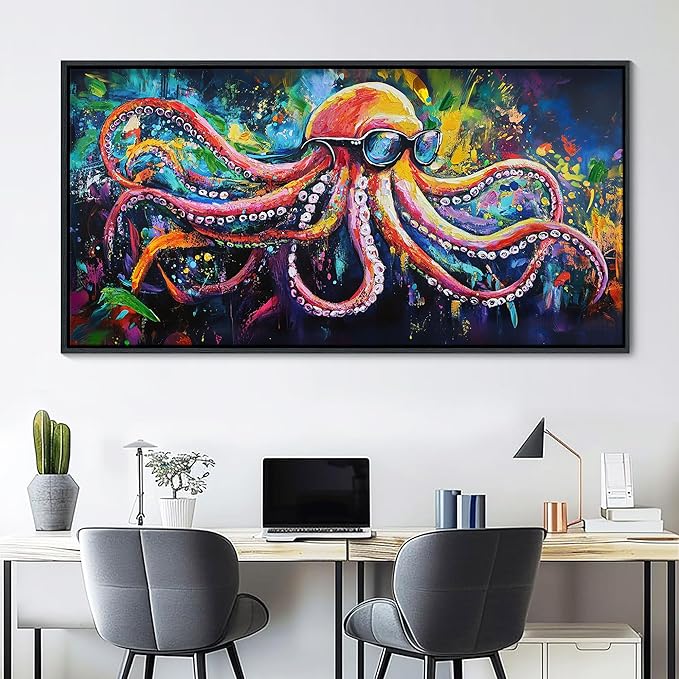 JEAWA Large Framed Wall Art - Funny Octopus Wearing Sunglasses Modern Street Graffiti Texture Wall Painting for Living Room Bedroom Teenage Boy Room Game Room Cool Posters Decor 24x48 IN