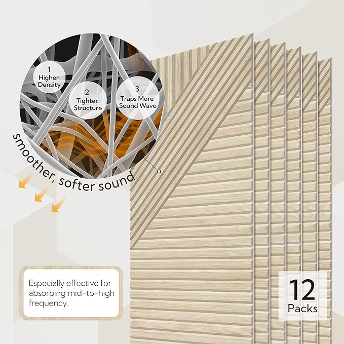 Olanglab Peel and Stick Wall Panels12 Pack, 23.6 x 11.8 per Wall Panels, Acoustic Wall Panels, Sound Absorbing Wall Art for Home Studio and Office, Light Natural Oak Pattern, Sleek Line