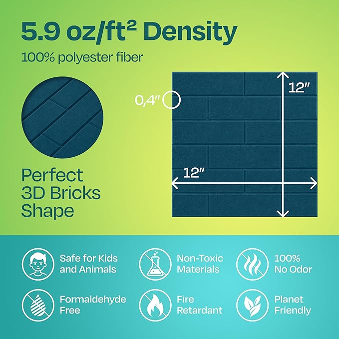 Acoustic Panels 18-Pack Soundproof Wall 12"X12"X0.4" Brick Style Premium Sound Dampening Easy Self Adhesive Installation - [Ocean Turquoise]