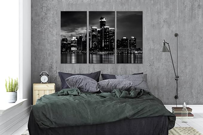 NAN Wind 3 Pcs Detroit Skyline Canvas Wall Art Cityscape Night Scene Black and White City Art Print on Canvas Modern Giclee Framed Painting for Room Decor Home Decor Detroit Skyline Picture Prints